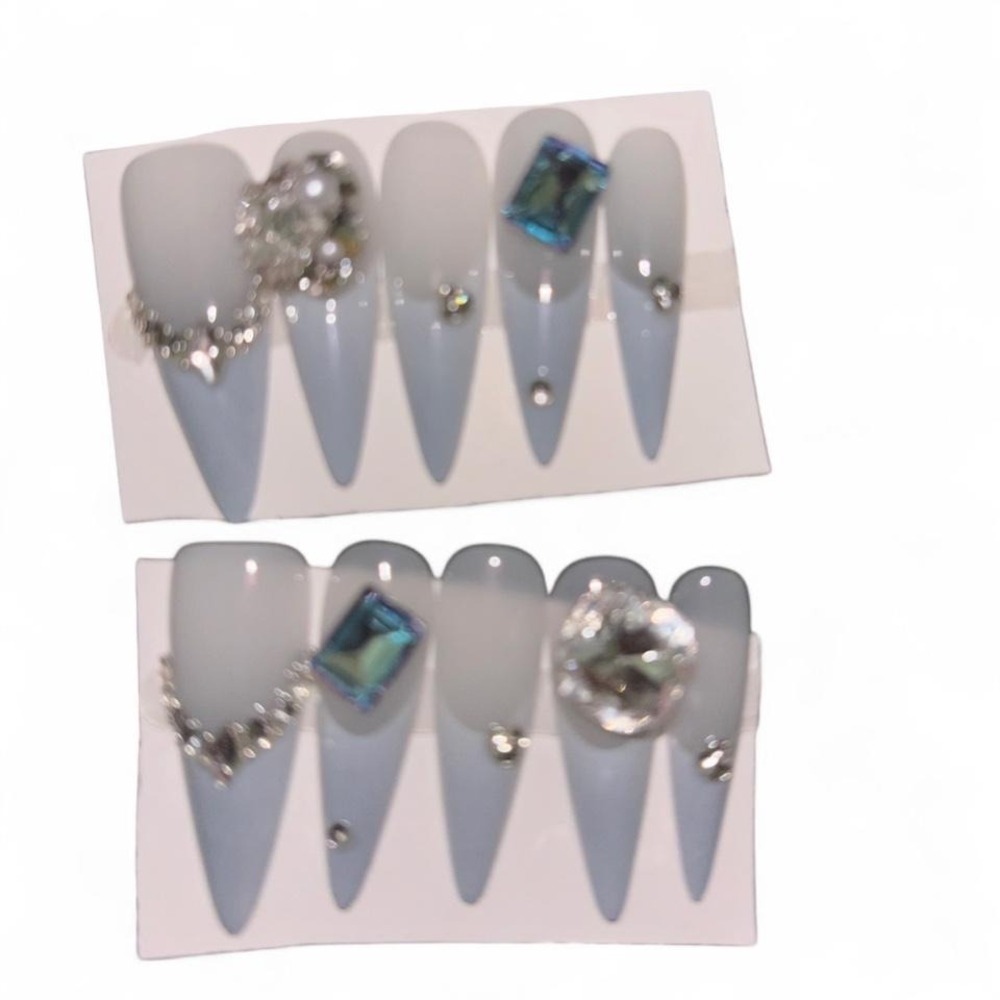 Icey Blue Glam Coquette Bling Acrylic‎ Handmade Press on Nails